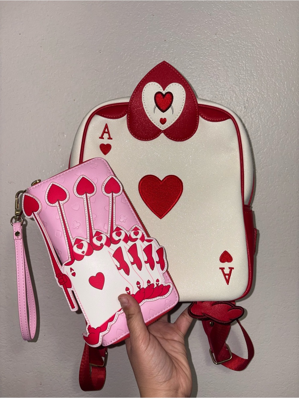 Loungefly Cream, Red & Pink Ace of Hearts Backpack with Matching Wristlet
